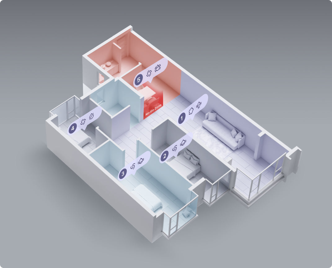 3D 户型图上标注了房间序号与材质分区