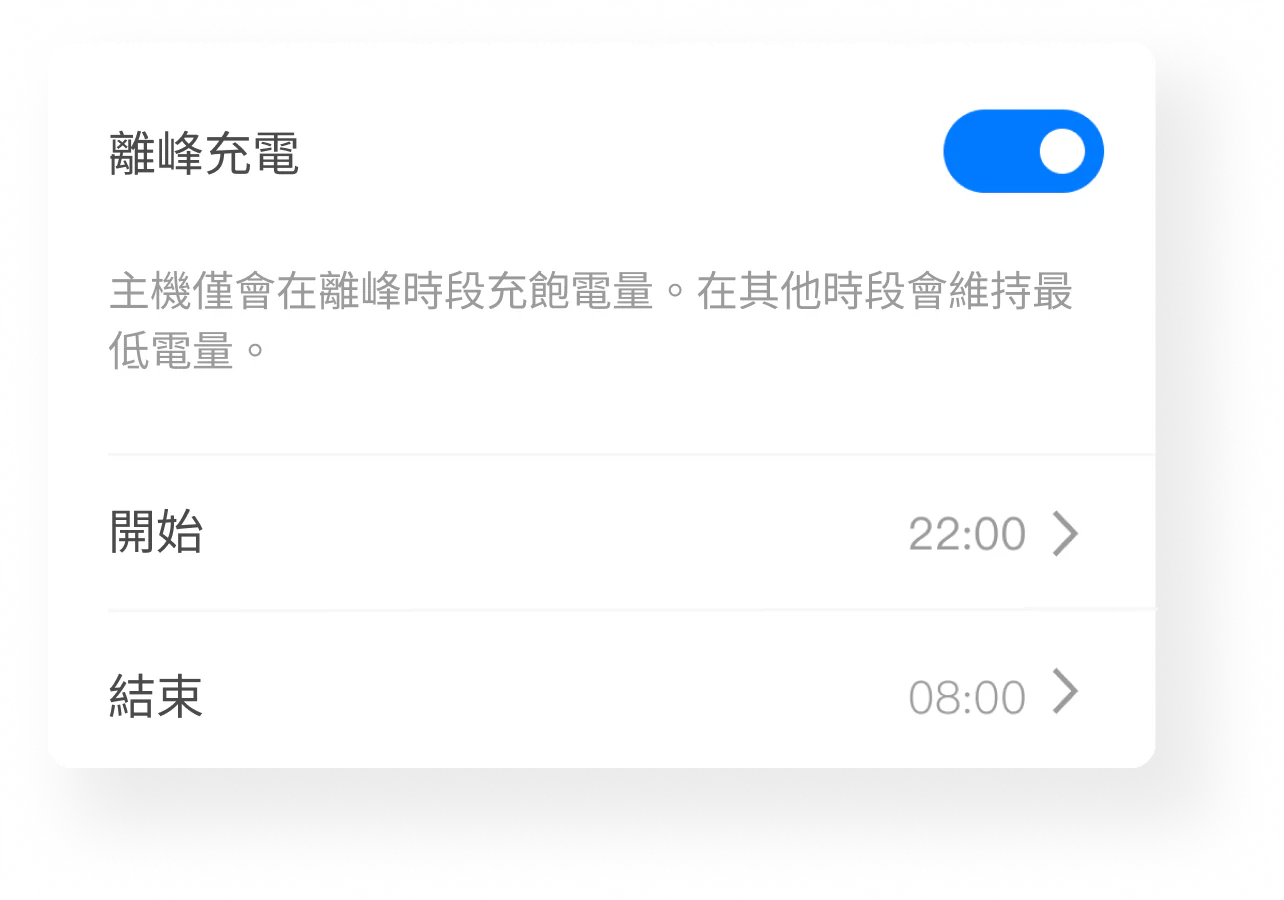 离峰充电设置：开关与起止时间